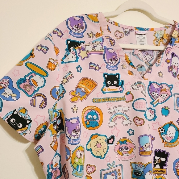 Hello Kitty | Women's Pink V-Neck Medical Scrubs Tooniforms Top (Size 2XL) - Picture 4 of 16